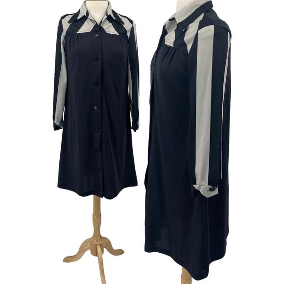 Vintage 70s Shirt Dress Button Down Mini Striped Sleeves Black Grey Womens 12 - Picture 1 of 9